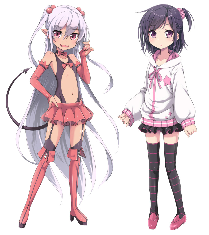 2girls black_hair boots bridal_gauntlets choker demon_tail elbow_gloves fangs garter_straps gloves highres kimagure_blue leotard long_hair multiple_girls navel original pointy_ears red_eyes short_hair simple_background tail thigh-highs thigh_boots violet_eyes white_hair