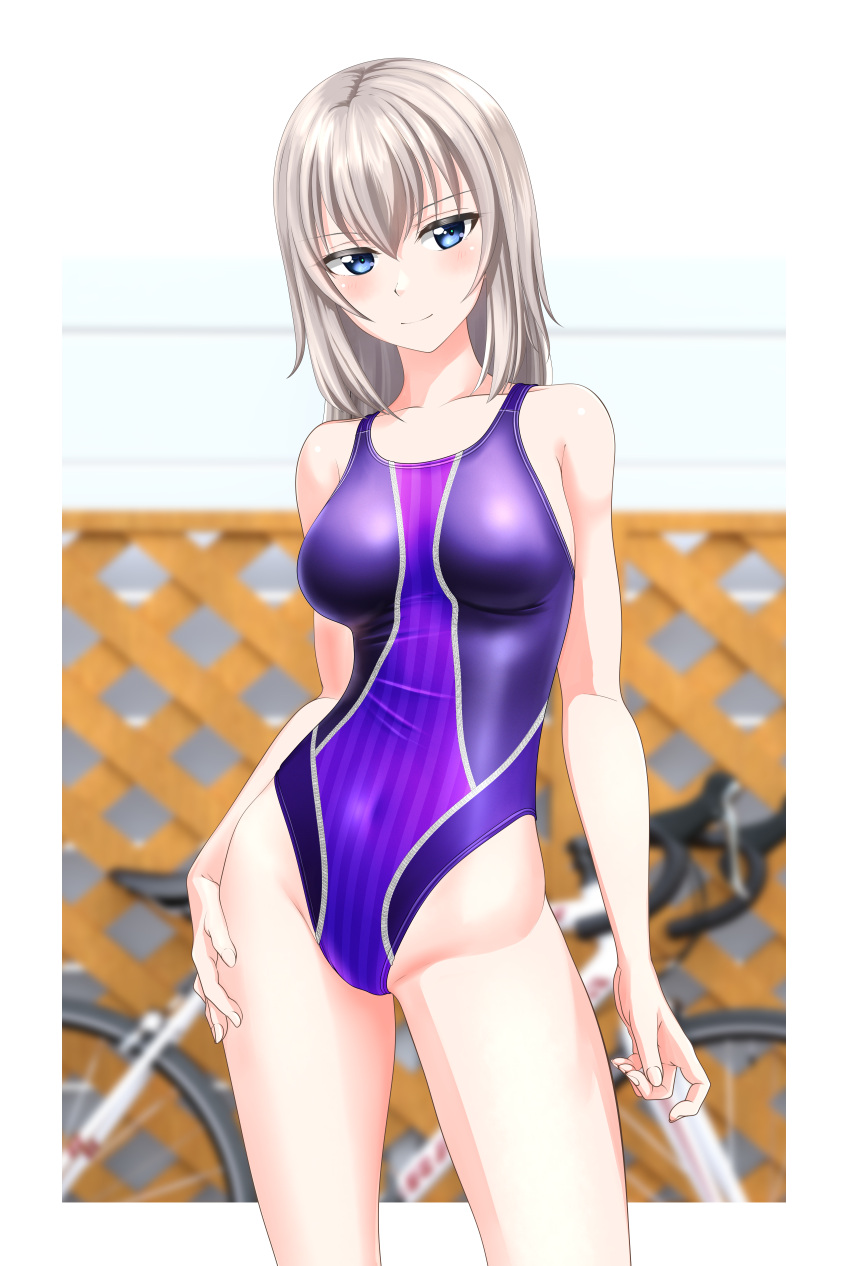 1girl absurdres bangs bicycle blue_eyes blurry blurry_background breasts competition_swimsuit contrapposto cowboy_shot girls_und_panzer ground_vehicle highres itsumi_erika light_smile looking_at_viewer medium_breasts medium_hair multicolored_clothes multicolored_swimsuit one-piece_swimsuit purple_swimsuit silver_hair solo standing striped striped_swimsuit swimsuit takafumi