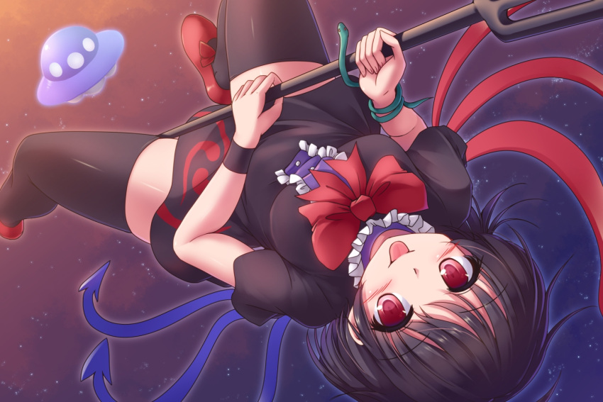 1girl asymmetrical_wings bangs black_dress black_hair black_legwear blush bow bowtie breasts dress frills holding holding_weapon houjuu_nue looking_at_viewer lzh medium_breasts polearm red_bow red_bowtie red_eyes short_dress short_hair smile snake solo thigh-highs tongue tongue_out touhou trident ufo upside-down weapon wings zettai_ryouiki