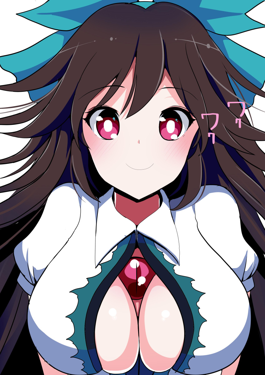 1girl absurdres amisu blush breasts brown_hair cleavage cleavage_cutout face hair_ornament hair_ribbon highres large_breasts long_hair looking_at_viewer puffy_sleeves red_eyes reiuji_utsuho ribbon short_sleeves simple_background smile solo text third_eye touhou upper_body white_background