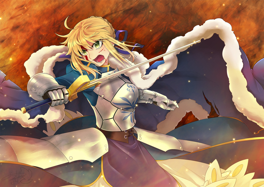 1girl armor armored_dress blonde_hair blood blood_from_mouth blood_on_face breastplate cape excalibur fate_(series) fur-trimmed_cape fur_trim green_eyes highres injury juliet_sleeves long_sleeves open_mouth puffy_sleeves saber shouting solo sword type-moon weapon yotsuda_nashiki