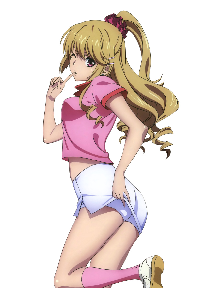 1girl aiba_asagi finger_to_mouth from_side gym_uniform hair_ornament hair_scrunchie high_ponytail highres index_finger_raised kneehighs light_brown_hair looking_at_viewer one_eye_closed one_leg_raised parted_lips pink_legwear pink_shirt red_eyes scrunchie shirt short_sleeves shorts shorts_under_skirt skirt skirt_lift solo standing strike_the_blood transparent_background white_shorts white_skirt
