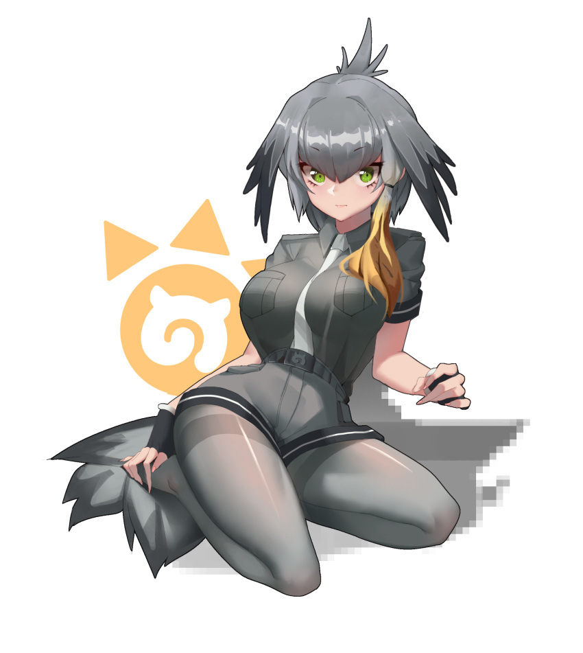 1girl absurdres bird bird_tail bird_wings black_gloves black_hair breasts eyebrows_visible_through_hair feathered_wings fingerless_gloves full_body gloves green_eyes head_wings highres kemono_friends large_breasts lips long_hair looking_at_viewer low_ponytail multicolored_hair orange_hair pantyhose shoebill shoebill_(kemono_friends) short_sleeves side_ponytail silver_hair silver_shirt silver_shorts sitting thighband_pantyhose tigersaber wings