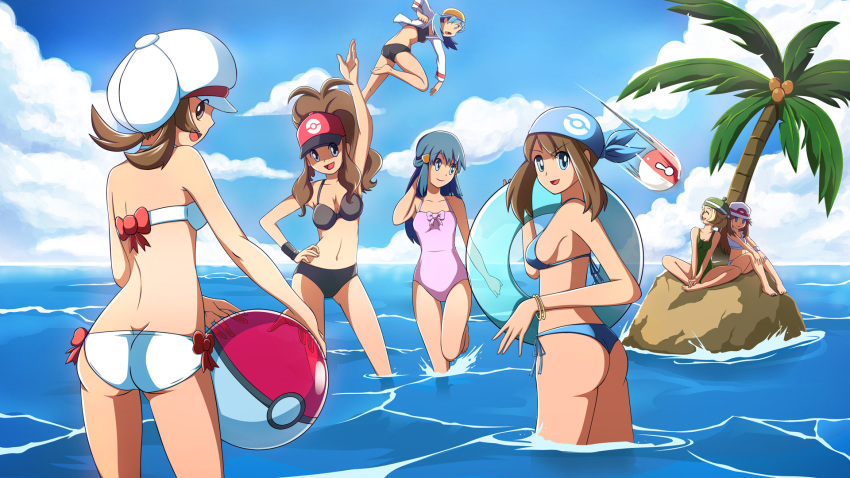 &gt;:d &gt;:o 6+girls :d :o adapted_costume antenna_hair armpits ass back ball bandanna bangs bare_arms bare_legs bare_shoulders baseball_cap beach beachball bel_(pokemon) bikini black_bikini blonde_hair blue_(pokemon) blue_bandana blue_bikini blue_eyes blue_hair blue_sky bow bracelet bracer breasts brown_eyes brown_hair butt_crack cabbie_hat cleavage closed_eyes closed_mouth clouds cloudy_sky coconut coconut_tree commentary commentary_request contrapposto crystal_(pokemon) day eyebrows_visible_through_hair eyes_visible_through_hair flat_ass from_behind green_hat green_swimsuit hair_flaps hair_ornament hand_behind_head hand_on_hip hands_on_feet hands_on_own_knees haruka_(pokemon) hat high_ponytail highres hikari_(pokemon) holding holding_ball holding_innertube indian_style innertube island jacket jewelry jumping knees_together_feet_apart kotone_(pokemon) leg_up long_hair long_sleeves looking_at_viewer looking_away looking_back looking_to_the_side medium_breasts motion_lines multiple_girls navel o_o ocean one-piece_swimsuit open_clothes open_jacket open_mouth palm_tree pink_bow pink_hat pink_swimsuit poke_ball poke_ball_theme pokemon pokemon_(creature) pokemon_(game) pokemon_bw pokemon_dppt pokemon_frlg pokemon_gsc pokemon_hgss pokemon_rse ponytail red_bow rock scott_bennett see-through shade short_hair side-tie_bikini sideboob sidelocks sitting sky smile splashing standing standing_on_one_leg swimsuit tareme tears throwing tongue touko_(pokemon) tree twintails voltorb wading water white_bikini white_hat white_jacket wristband yellow_hat