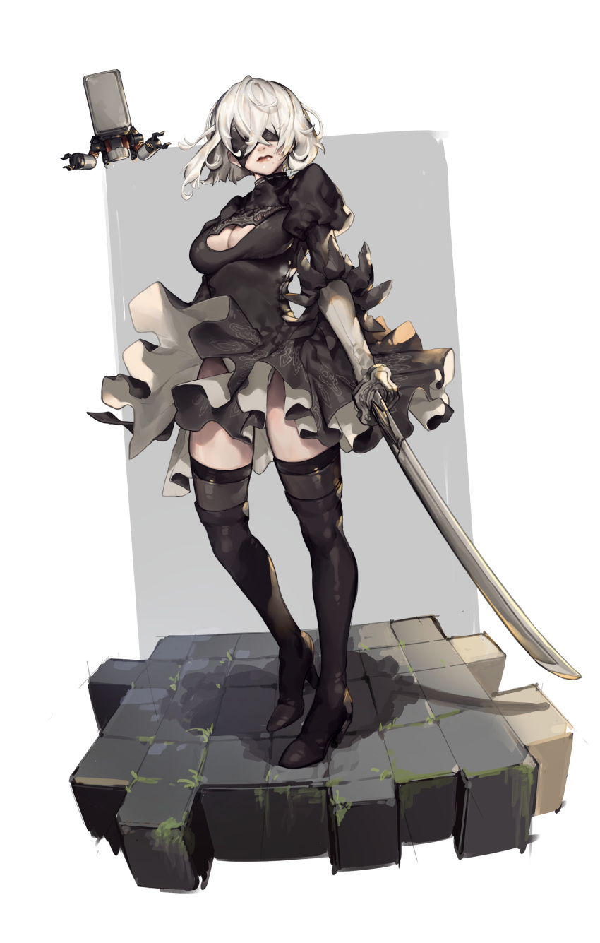 1girl absurdres black_dress black_legwear blindfold boots breasts cleavage cleavage_cutout dress facing_viewer full_body high_heels highres holding holding_sword holding_weapon honey_bee_(bancoth) katana large_breasts mole mole_under_mouth nier_(series) nier_automata pod_(nier_automata) puffy_sleeves short_hair solo standing sword thigh-highs thigh_boots weapon white_hair yorha_no._2_type_b