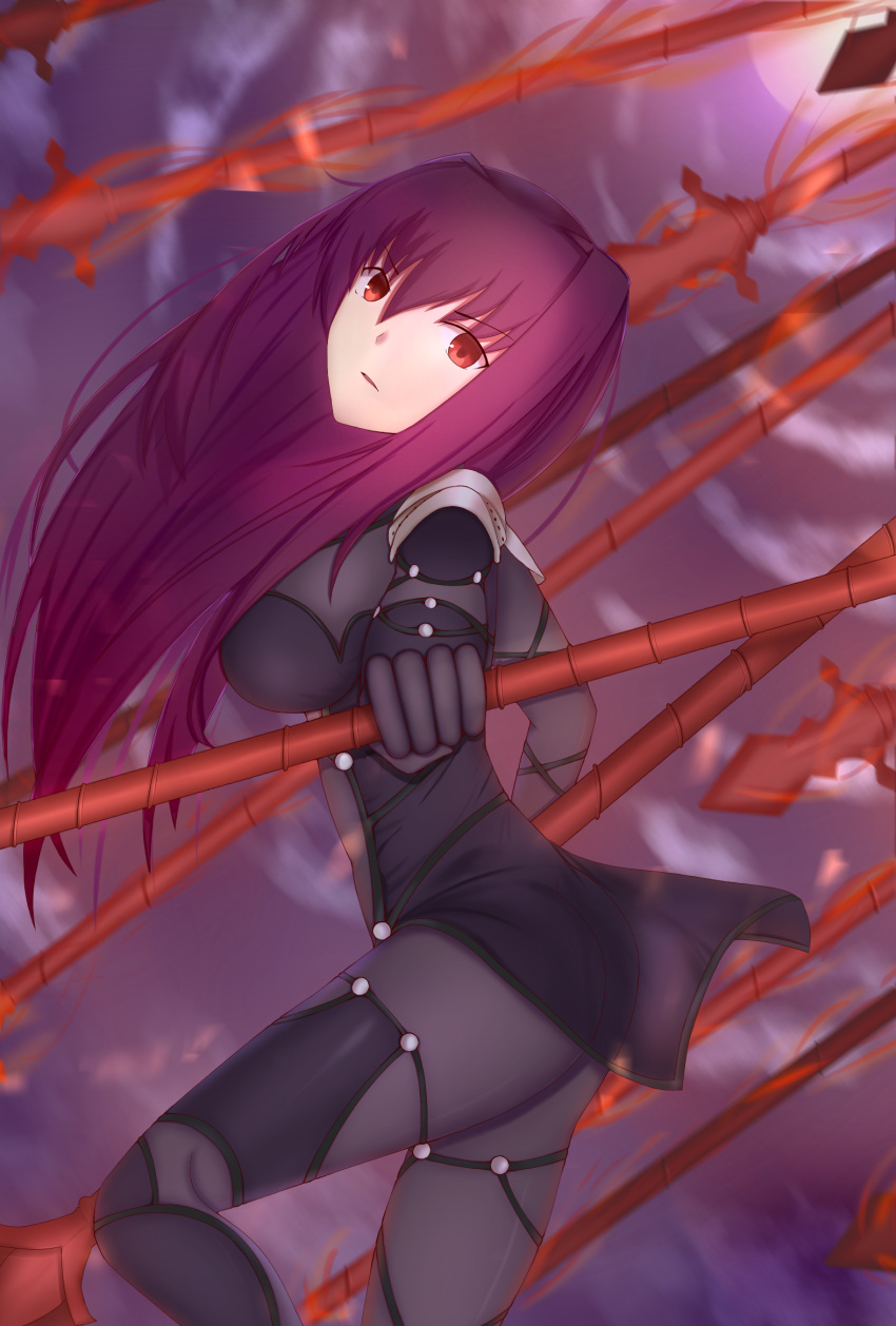 bodysuit breasts dutch_angle fate/grand_order fate_(series) highres large_breasts leaning_forward long_hair looking_at_viewer polearm purple_hair red_eyes scathach_(fate/grand_order) spear type-moon weapon xue_fengzi