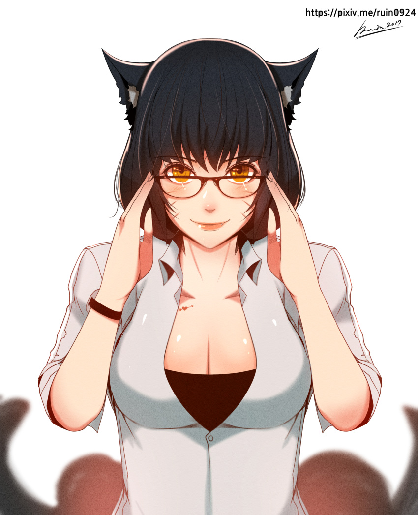 1girl absurdres ahri alternate_costume animal_ears black_hair breasts cleavage collarbone facial_mark fang fox_ears fox_tail heart_tattoo highres large_breasts league_of_legends lips multiple_tails open_clothes rude_ruin slit_pupils solo tail tattoo teacher whisker_markings yellow_eyes