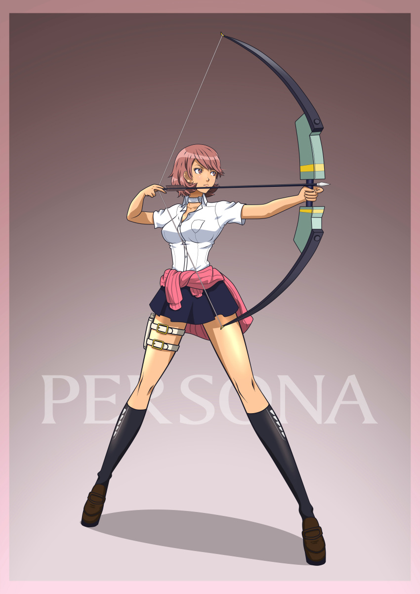 absurdres arrow blue_skirt bow_(weapon) breasts choker clothes_around_waist copyright_name drawing_bow endou_shin heart_choker highres kneehighs legs loafers long_legs medium_breasts persona persona_3 pink_eyes pink_hair shoes short_hair skirt sweater_around_waist takeba_yukari tan thigh_strap thighs weapon wide_stance