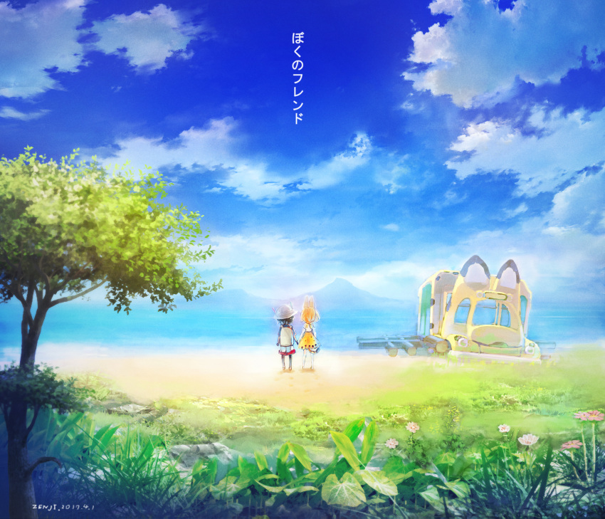 2girls absurdres animal_ears back backpack bag black_hair blonde_hair blue_sky bus clouds flower grass ground_vehicle hand_holding hat highres kaban_(kemono_friends) kemono_friends motor_vehicle mountain multiple_girls nature outdoors scenery serval_(kemono_friends) serval_ears serval_tail short_hair skirt sky tail tree water