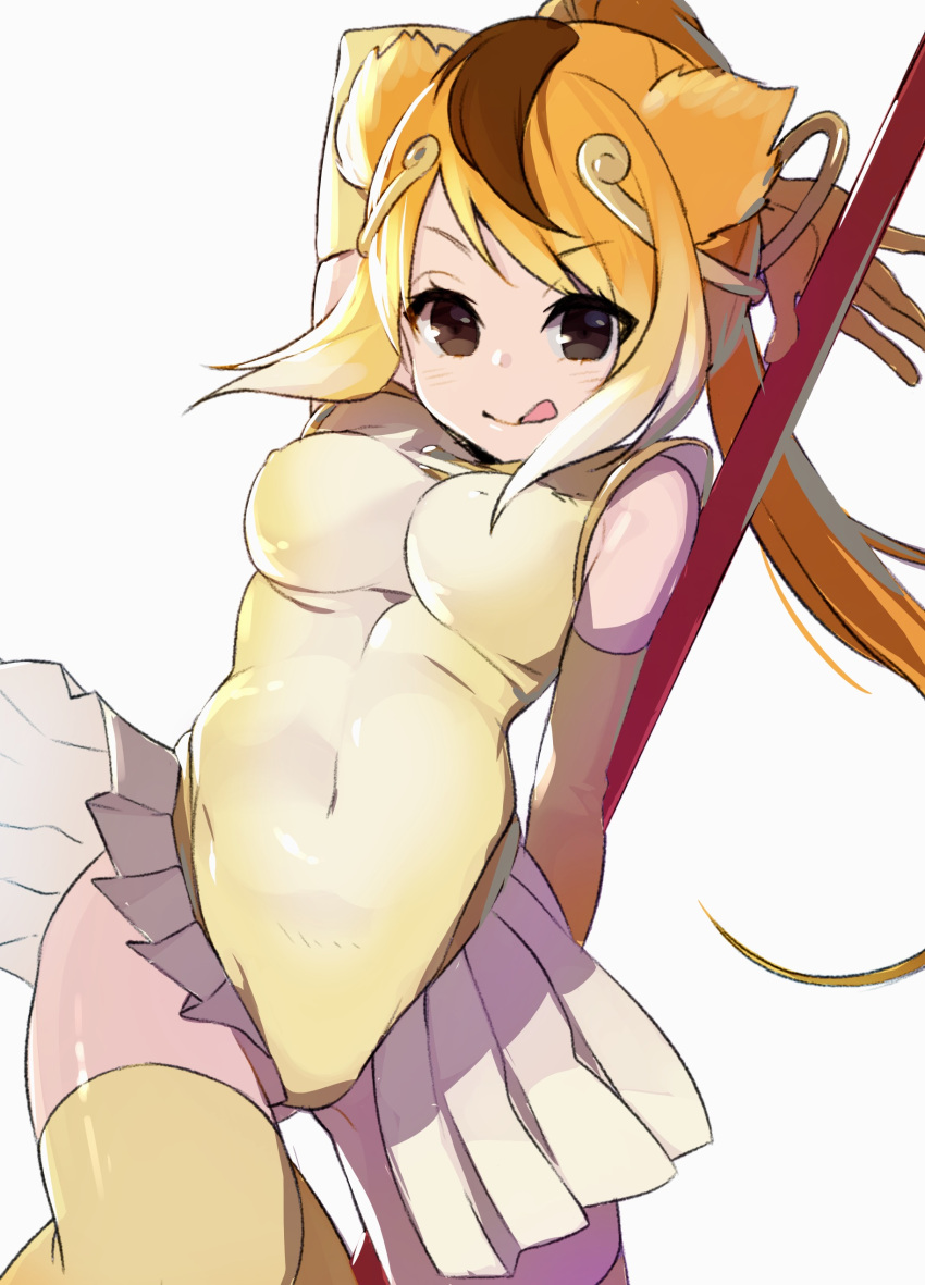 :q absurdres animal_ears arm_behind_back arm_up bare_shoulders blonde_hair bracelet breasts brown_eyes brown_hair circlet covered_navel elbow_gloves erect_nipples eyebrows eyebrows_visible_through_hair eyelashes gloves golden_snub-nosed_monkey_(kemono_friends) gradient_hair grey_background groin high_ponytail highres holding holding_weapon jewelry kemono_friends leotard licking_lips long_hair looking_at_viewer medium_breasts monkey_ears monkey_tail multicolored_hair omucchan_(omutyuan) orange_hair pleated_skirt ponytail sidelocks simple_background skirt smile staff tail tongue tongue_out tsurime very_long_hair weapon white_hair white_skirt yellow_gloves yellow_leotard