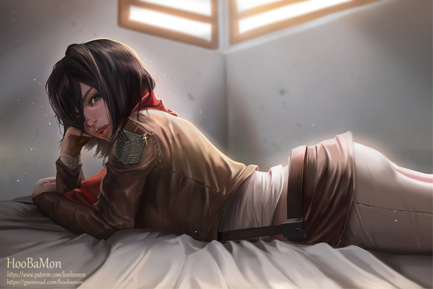 1girl arm_support artist_name bangs bed_sheet belt black_eyes black_hair breasts brown_jacket day eyelashes grey_eyes gumroad_username hair_over_one_eye hand_on_own_cheek hand_on_own_head head_rest hoo_bamon indoors jacket lipstick long_sleeves looking_at_viewer looking_to_the_side lying makeup mascara medium_breasts mikasa_ackerman military military_uniform mole mole_under_mouth nose on_bed on_stomach pants parted_lips patreon_username pink_lips pink_lipstick red_scarf scarf shingeki_no_kyojin shirt short_hair solo survey_corps undershirt uniform watermark web_address white_shirt