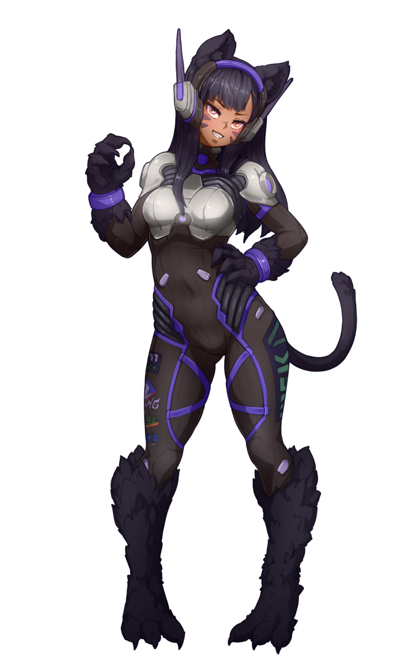 &gt;:) 1girl alternate_hair_color alternate_skin_color animal_ears barbariank black_fur black_hair bodysuit breastplate cat_ears cat_tail claws commentary covered_navel d.va_(overwatch) dark_skin facial_mark fangs full_body grin hand_on_hip head_tilt headphones heroes_of_the_storm highres long_hair looking_at_viewer monster_girl monsterification multicolored multicolored_clothes orange_eyes overwatch paws pigeon-toed pilot_suit ribbed_bodysuit shoulder_pads smile solo standing tail teeth transparent_background violet_eyes whisker_markings