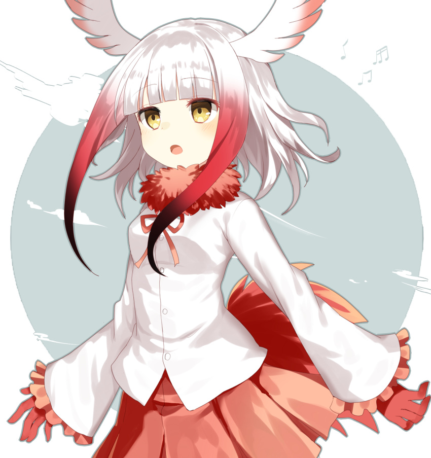 1girl :o arms_at_sides bangs beamed_quavers beamed_semiquavers bird_tail bird_wings blue_background blue_outline blunt_bangs blush buttons collar crested_ibis_(kemono_friends) dot_nose drawstring eyebrows_visible_through_hair floating_hair frilled_sleeves frills fur_collar gloves gradient_hair head_wings highres kemono_friends long_sleeves looking_away multicolored multicolored_background multicolored_hair music musical_note open_mouth outline pleated_skirt quaver red_gloves red_skirt redhead sada_(sadahalu) shirt short_hair short_hair_with_long_locks sidelocks singing skirt solo tail two-tone_hair white_background white_hair white_shirt wide_sleeves wind wings yellow_eyes