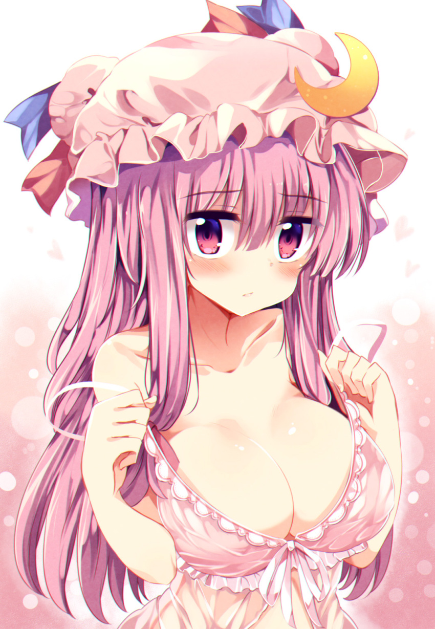 1girl babydoll bangs bare_shoulders blunt_bangs blush breasts cleavage collarbone crescent crescent_hair_ornament hair_ornament hat hat_ribbon highres large_breasts long_hair looking_at_viewer maturiuta_sorato mob_cap off_shoulder patchouli_knowledge purple_hair ribbon solo touhou upper_body violet_eyes