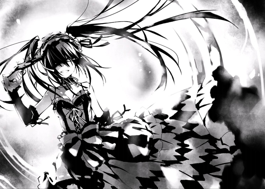 1girl asymmetrical_hair black_hair choker date_a_live detached_sleeves dress floating_hair gothic_lolita grin gun hair_over_one_eye hairband holding holding_gun holding_weapon lolita_fashion lolita_hairband long_hair looking_at_viewer monochrome novel_illustration official_art shadow sleeveless sleeveless_dress smile solo standing tokisaki_kurumi tsunako twintails very_long_hair weapon