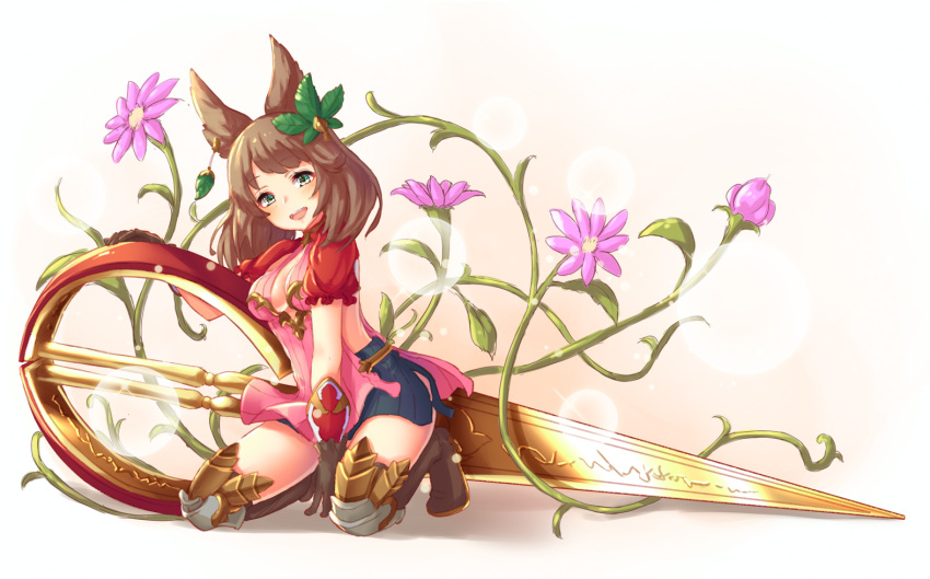 1girl animal_ears backless_outfit boots breasts brown_hair cleavage erun_(granblue_fantasy) flower granblue_fantasy hair_ornament la_coiffe_(granblue_fantasy) leaf_hair_ornament pensuke scissors smile thigh-highs thigh_boots