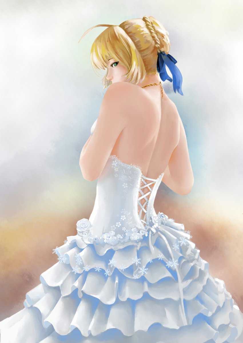 ahoge back bare_shoulders blonde_hair braid dress fate/stay_night fate_(series) french_braid from_behind green_eyes highres looking_at_viewer looking_back open-back_dress pleated_dress saber short_hair shoulder_blades snowflakes strapless strapless_dress white_dress xiao_qigai_luoke