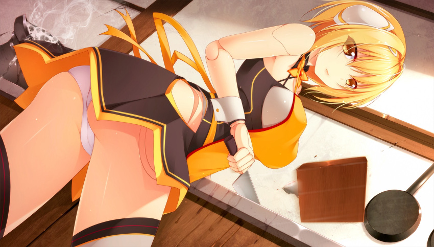 1girl apron ass beretta_(x-overd) black_legwear black_skirt blonde_hair breasts brown_eyes cutting_board doll_joints eyes_visible_through_hair frying_pan hair_ornament highres indoors kitchen kitchen_knife knife looking_at_viewer looking_back medium_breasts official_art panties short_hair side_cutout skirt solo standing thigh-highs underwear white_panties wrist_cuffs x-overd