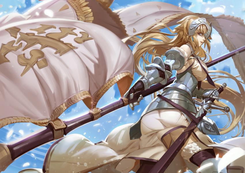absurdres armored_corset ass belt blonde_hair blue_eyes cowter fate/grand_order fate_(series) fur_trim highres jeanne_d'arc jojaow lips long_hair looking_back parted_lips sheath sheathed standard_bearer sword thigh-highs weapon wind