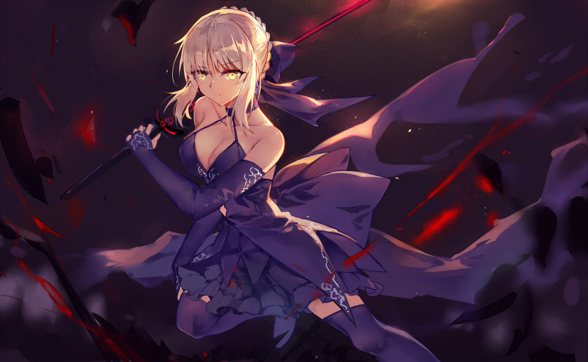 1girl baisi_shaonian blonde_hair braid breasts cleavage dark_excalibur dark_persona detached_sleeves dress fate/grand_order fate_(series) french_braid gothic_lolita highres lolita_fashion saber saber_alter solo sword thigh-highs weapon yellow_eyes