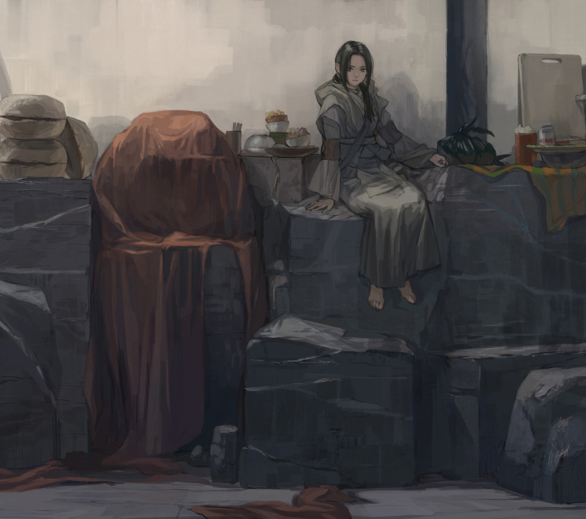 1girl alley black_hair bowl brown_eyes can chopsticks crate cutting_board fantasy food hanno highres long_hair looking_at_viewer open_mouth original robe sketch solo trash_bag
