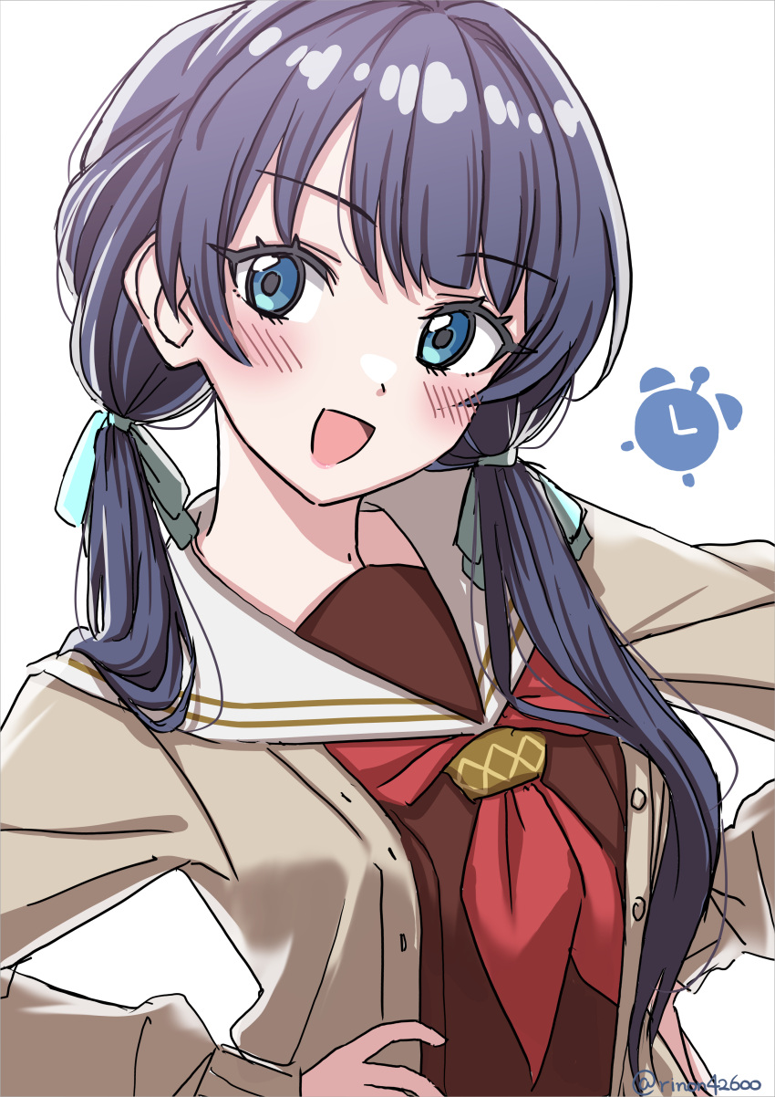 1girl absurdres blue_eyes blue_hair blush brown_dress cardigan dress grey_cardigan hands_on_own_hips highres link!_like!_love_live! long_hair long_sleeves looking_at_viewer love_live! murano_sayaka neckerchief open_cardigan open_clothes open_mouth red_neckerchief rinon42600 sailor_collar solo twintails twitter_username upper_body white_background white_sailor_collar