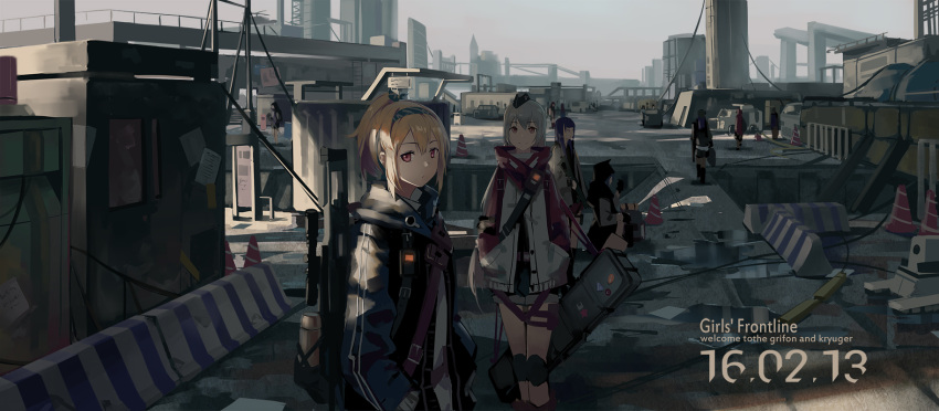6+girls dated english girls_frontline gun hairband high_ponytail highres huanxiang_heitu long_hair multiple_girls outdoors revision smile standing sv-98_(girls_frontline) svd_(girls_frontline) traffic_cone weapon