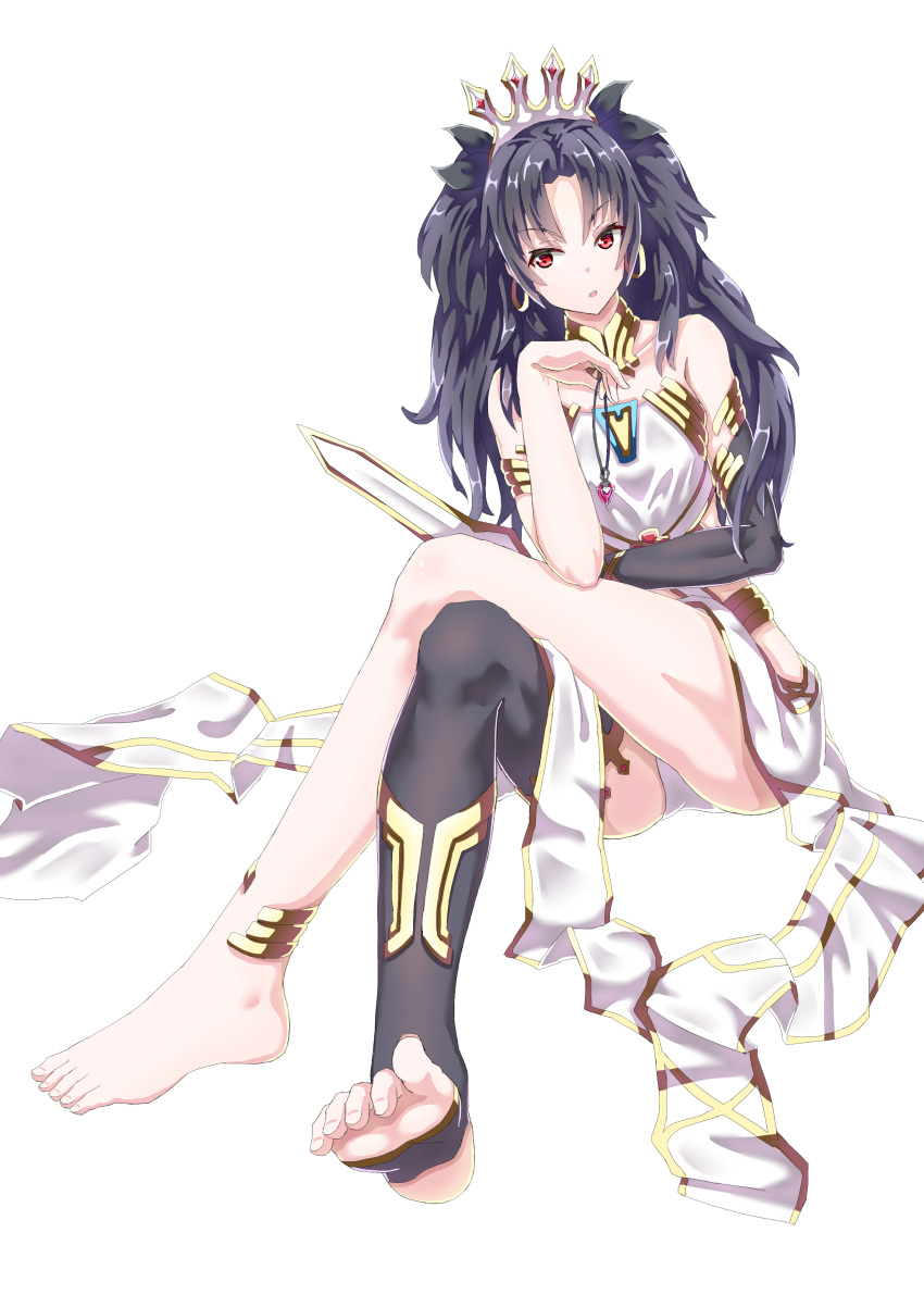 &gt;:o 1girl :o absurdres anklet barefoot black_hair crown fate_(series) highres ishtar_(fate/grand_order) jewelry legs_crossed looking_at_viewer necklace_removed nisemono panties pantyshot pantyshot_(sitting) red_eyes single_thighhigh sitting soles solo thigh-highs thighs toeless_legwear tohsaka_rin twintails underwear white_background