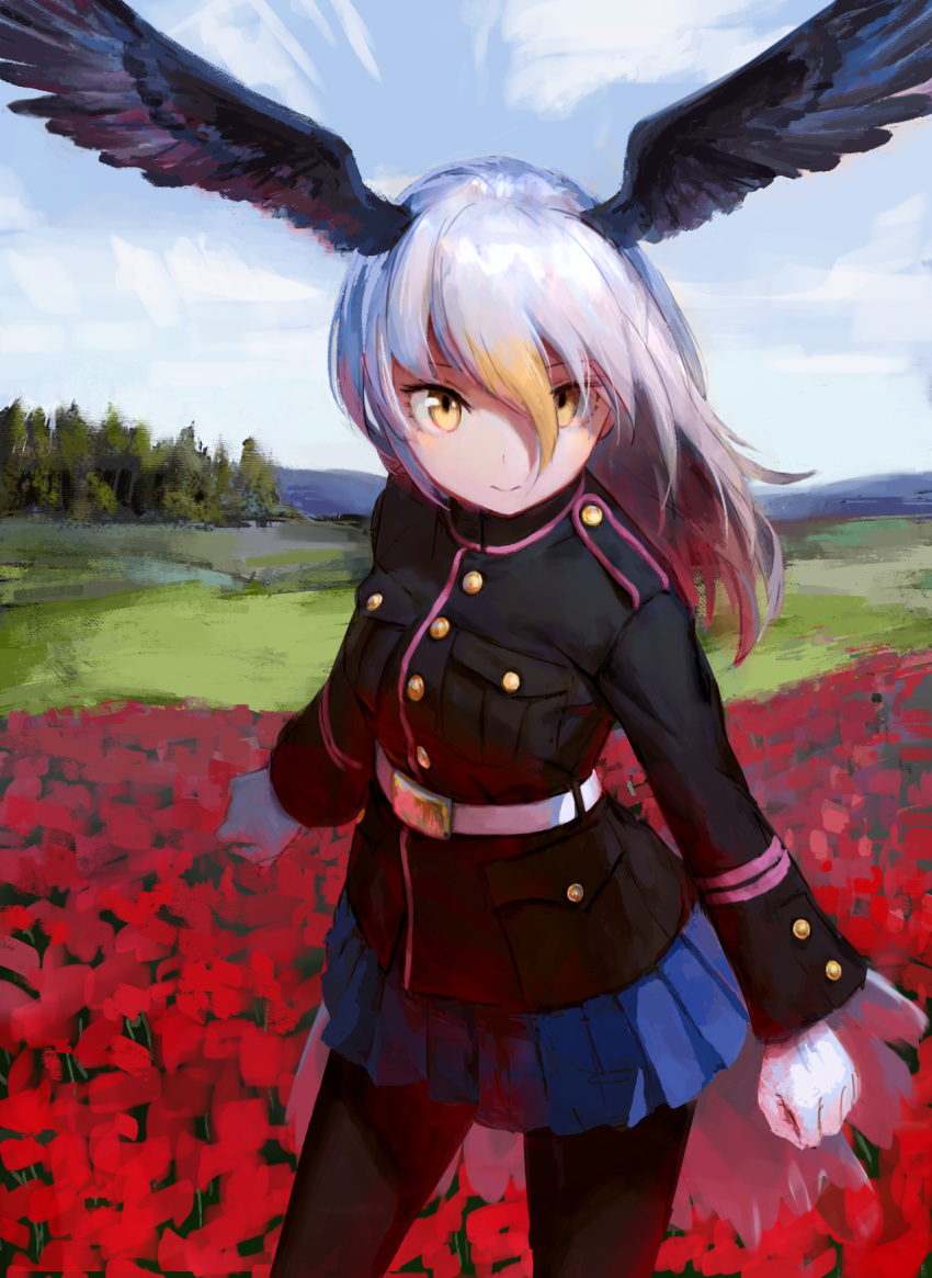 1girl :&gt; arms_at_sides bald_eagle_(kemono_friends) belt bird_tail bird_wings black_jacket black_legwear blazer blonde_hair blue_skirt blue_sky blurry buttons clenched_hands clouds cloudy_sky cowboy_shot day dot_nose eyelashes field floating_hair flower flower_field gloves grass hair_between_eyes head_wings highres jacket kemono_friends long_hair long_sleeves looking_at_viewer mountain multicolored_hair outdoors pantyhose pleated_skirt pocket red_flower redhead skirt sky smile solo tail tree treeware tsurime white_belt white_gloves white_hair wind wings yellow_eyes