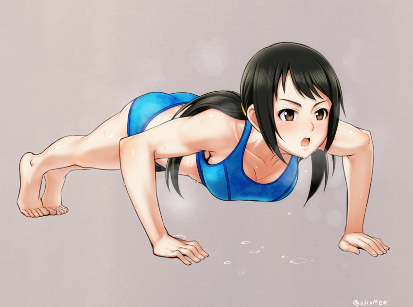 1girl abs all_fours bare_shoulders barefoot black_hair blush breasts brown_eyes buruma cleavage dripping exercise feet full_body highres idolmaster idolmaster_cinderella_girls long_hair medium_breasts nakano_yuka oku_(okumen) open_mouth push-ups solo sports_bra sweat sweating toes toned twintails