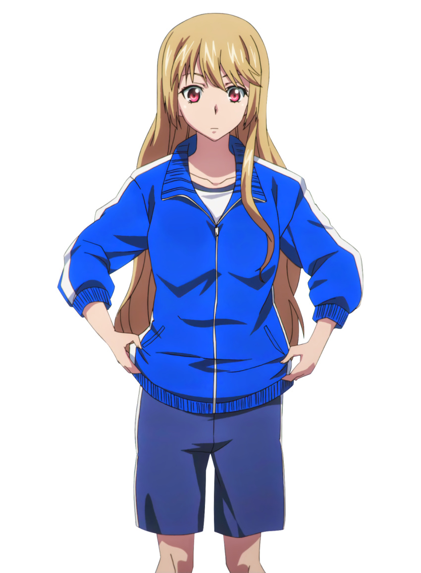 1girl aiba_asagi blue_shorts blue_sweater collarbone highres light_brown_hair long_hair looking_down red_eyes shirt shorts solo standing strike_the_blood sweater transparent_background very_long_hair white_shirt zipper