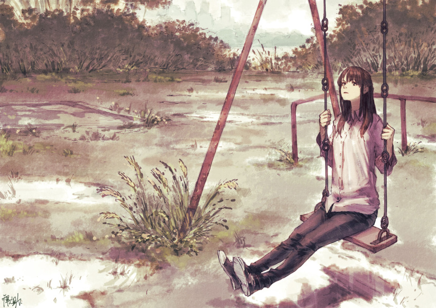1girl absurdres black_pants brown_hair buttons collared_shirt grass highres long_hair long_sleeves looking_at_viewer original pants playground scenery shirt shoes sleeves_rolled_up sneakers solo swing swing_set white_shirt wing_collar zennosuke