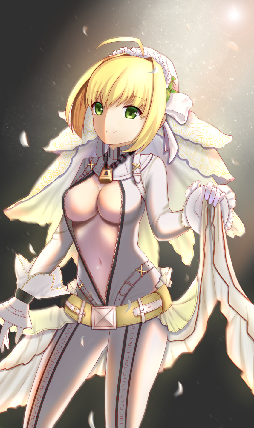 ahoge belt blonde_hair bodysuit breasts bridal_veil cape chains cleavage fate/extella fate/extra fate_(series) gloves green_eyes highres holding_cape lock looking_at_viewer medium_breasts navel padlock saber_bride saber_extra short_hair smile tight type-moon unzipped veil waist_cape white_gloves wide_sleeves xue_fengzi