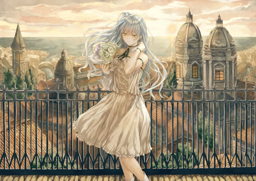 1girl ankle_boots architecture bangs bare_shoulders blush boots bouquet closed_mouth dress eyebrows_visible_through_hair floating_hair flower hand_up highres holding holding_bouquet horizon light_smile long_hair one_side_up original outdoors saijou_yukina scenery solo standing sundress sunset town very_long_hair wavy_hair white_boots white_dress white_flower yellow_eyes