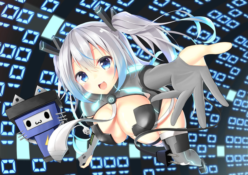 1girl :3 bangs blue_eyes blush bodysuit breasts cleavage elbow_gloves foreshortening gloves grey_gloves grey_legwear grey_necktie hair_between_eyes large_breasts long_hair looking_at_viewer mirea necktie open_mouth original outstretched_arm partly_fingerless_gloves plug power_symbol silver_hair smile solo teeth thigh-highs thighs twintails