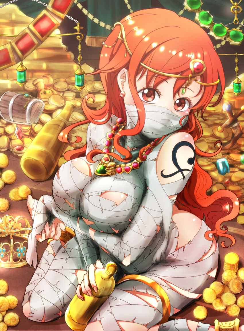 1girl arm_tattoo ass blush body_blush bottle breasts circlet coin crown earrings eyebrows_visible_through_hair gem gold gold_bar hair highres himaneko holding jewelry large_breasts long_hair looking_at_viewer mummy nami_(one_piece) necklace one_piece orange_eyes orange_hair sitting solo tattoo treasure_chest very_long_hair wariza