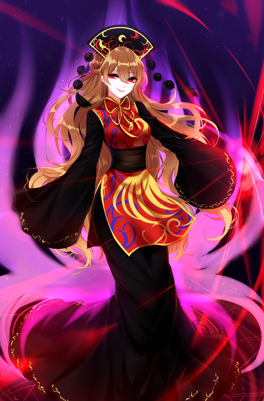 1girl absurdres aura black_dress blonde_hair braid breasts chinese_clothes dress french_braid headdress highres junko_(touhou) long_dress long_hair medium_breasts pom_pom_(clothes) red_eyes sash sheya sleeves_past_wrists smirk solo tabard touhou very_long_hair wavy_hair wide_sleeves