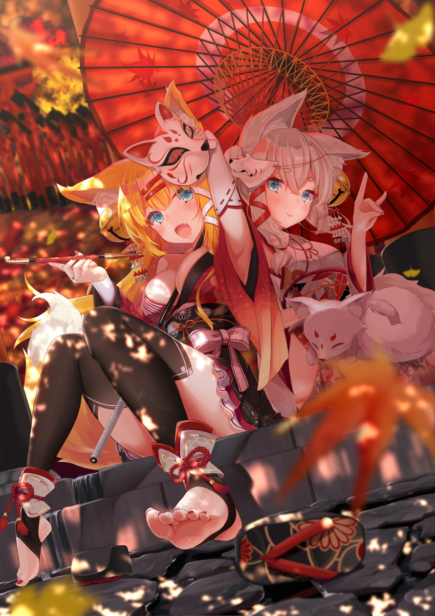 2girls :d \m/ absurdres animal_ears ankle_cuffs anklet autumn_leaves barefoot black_legwear blonde_hair blue_eyes blurry blush breasts cleavage commentary_request depth_of_field fang feet fox fox_girl fox_mask geta grey_hair highres holding holding_pipe japanese_clothes jewelry kiseru kitsune leaf long_hair looking_at_viewer maple_leaf mask medium_breasts mirea multiple_girls nail_polish open_mouth oriental_umbrella original parasol pink_hair pipe purple_nails scan shoes_removed sitting smile soles thigh-highs toeless_legwear toeless_socks toenail_polish toes umbrella
