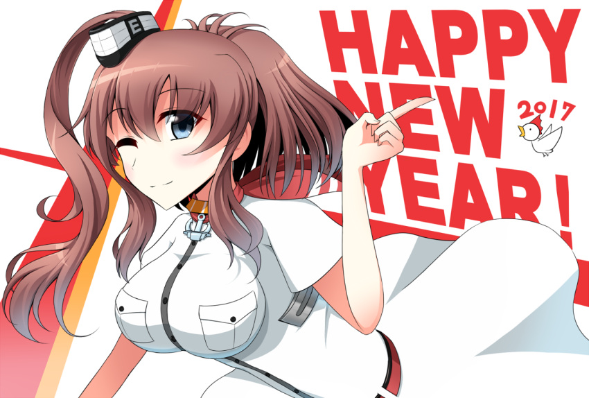1girl anchor ascot belt bird blue_eyes breast_pocket brown_hair chicken day dress happy_new_year impossible_clothes index_finger_raised kantai_collection long_hair looking_at_viewer neckerchief new_year one_eye_closed pocket ponytail red_ascot red_neckerchief saratoga_(kantai_collection) side_ponytail solo tigla white_dress