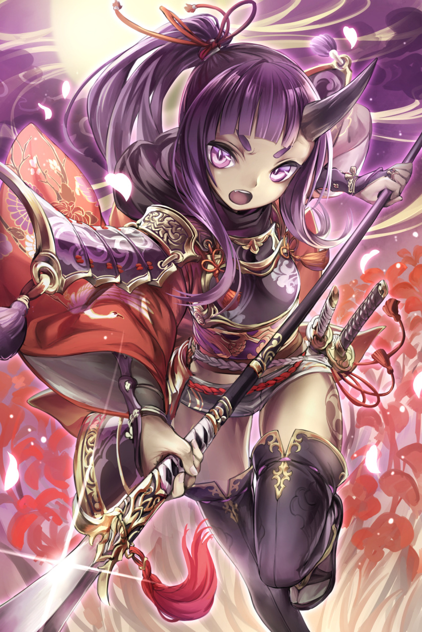 &gt;:o 1girl :o armor chain_chronicle fang field flower flower_field flower_request full_moon glint highres holding holding_weapon horn japanese_clothes long_hair looking_at_viewer moon naginata oni original petals polearm ponytail purple_hair running sandals sheath sheathed sidelocks solo sword tabi tassel teeth thick_eyebrows thigh-highs vambraces violet_eyes weapon wide_sleeves yoshimo1516