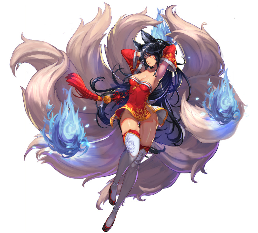 ahri animal_ears armpits arms_up black_hair breasts cleavage facial_mark fire fox_ears fox_tail highres korean_clothes league_of_legends long_hair medium_breasts multiple_tails qbspdl revealing_clothes simple_background tail thigh-highs very_long_hair white_background white_legwear yellow_eyes