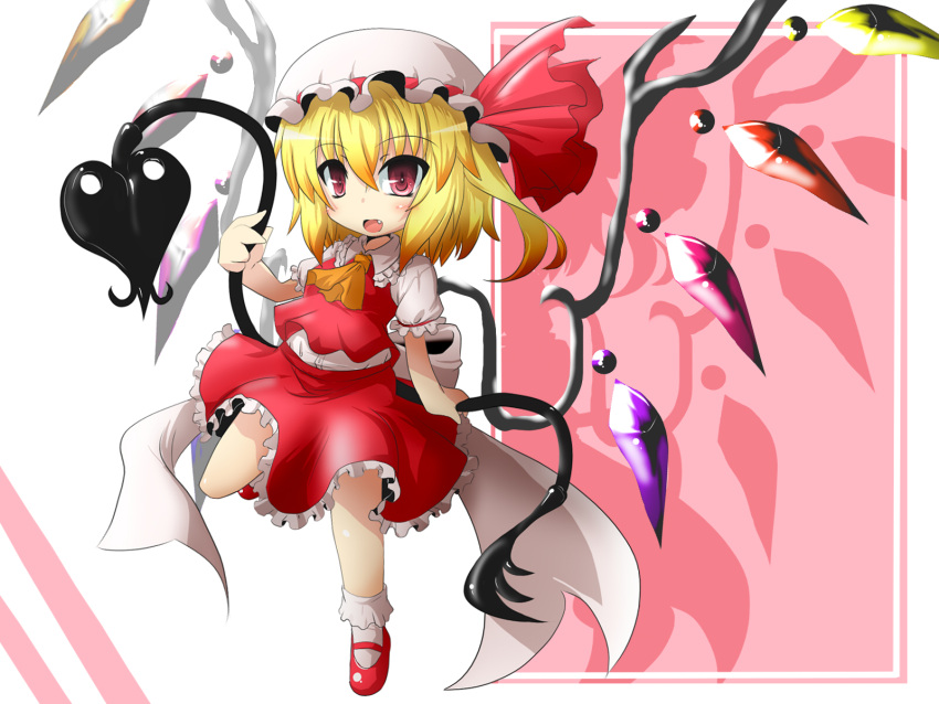 1girl ascot blonde_hair chibi commentary_request dress fang flandre_scarlet floating gomasamune hat highres laevatein looking_at_viewer mob_cap red_eyes red_shoes shadow shiny shiny_skin shoes short_sleeves smile socks solo touhou white_background wings