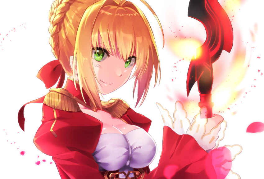 1girl aestus_estus ahoge blonde_hair blush braid breasts cleavage closed_mouth commentary_request dress epaulettes fate/extra fate_(series) fire french_braid green_eyes hair_intakes hair_ribbon highres holding holding_sword holding_weapon looking_at_viewer medium_breasts mipi petals red_dress ribbon saber_extra simple_background smile solo sword upper_body weapon white_background
