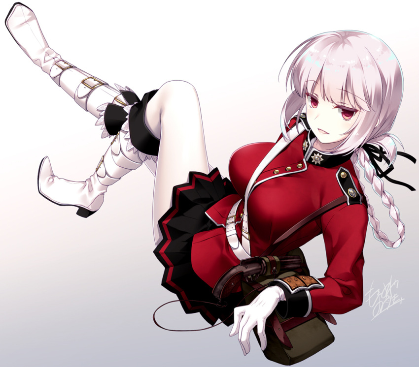 1girl bangs black_ribbon black_skirt boots braid breasts fate/grand_order fate_(series) florence_nightingale_(fate/grand_order) full_body gloves hair_ribbon jacket large_breasts long_hair looking_at_viewer military military_uniform motomiya_mitsuki pale_skin parted_lips red_eyes red_jacket ribbon silver_hair single_braid skirt smile solo uniform white_boots white_gloves