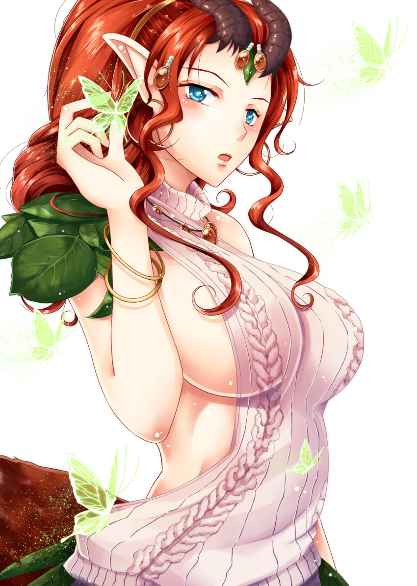 1girl aiushtha bare_back blue_eyes blush bracelet breasts butterfly defense_of_the_ancients dota_2 fennek highres horns jewelry medium_breasts meme_attire pink_sweater pointy_ears redhead short_hair sideboob simple_background solo sweater tail turtleneck turtleneck_sweater virgin_killer_sweater white_background
