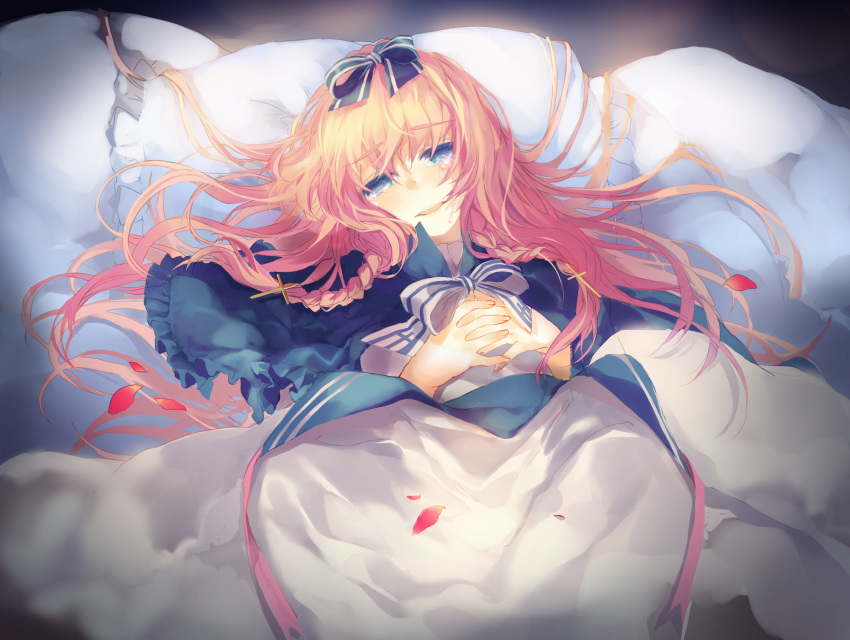 1girl apron blonde_hair blue_bow bow capelet closed_mouth corset cross_hair_ornament crying crying_with_eyes_open eyebrows_visible_through_hair frills hair_between_eyes hair_bow hair_ornament harpae highres kirame_kirai long_hair long_sleeves official_art open_mouth petals pocket_mirror solo tears
