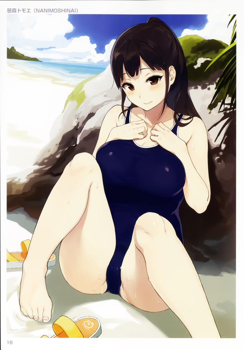 1girl absurdres barefoot beach blush brown_eyes brown_hair clouds collarbone day feet hands_on_own_chest highres looking_at_viewer ocean one-piece_swimsuit outdoors ponytail rock sand sasamori_tomoe scan school_swimsuit shoes_removed sky solo swimsuit tagme toes toranoana water wet