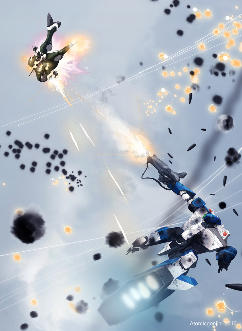 1boy 1girl 2016 aerial_battle aiming alien arm_cannon atomicgenjin battle choujikuu_yousai_macross condensation_trail damaged dated dogfight duel energy_cannon epic explosion firing flying gunpod highres itano_circus macross maximilian_jenius mecha meltrandi millia_jenius power_armor queadluun-rau realistic science_fiction severed_arm severed_leg severed_limb shell_casing signature smoke strap thrusters variable_fighter vf-1 vf-1a weapon zentradi