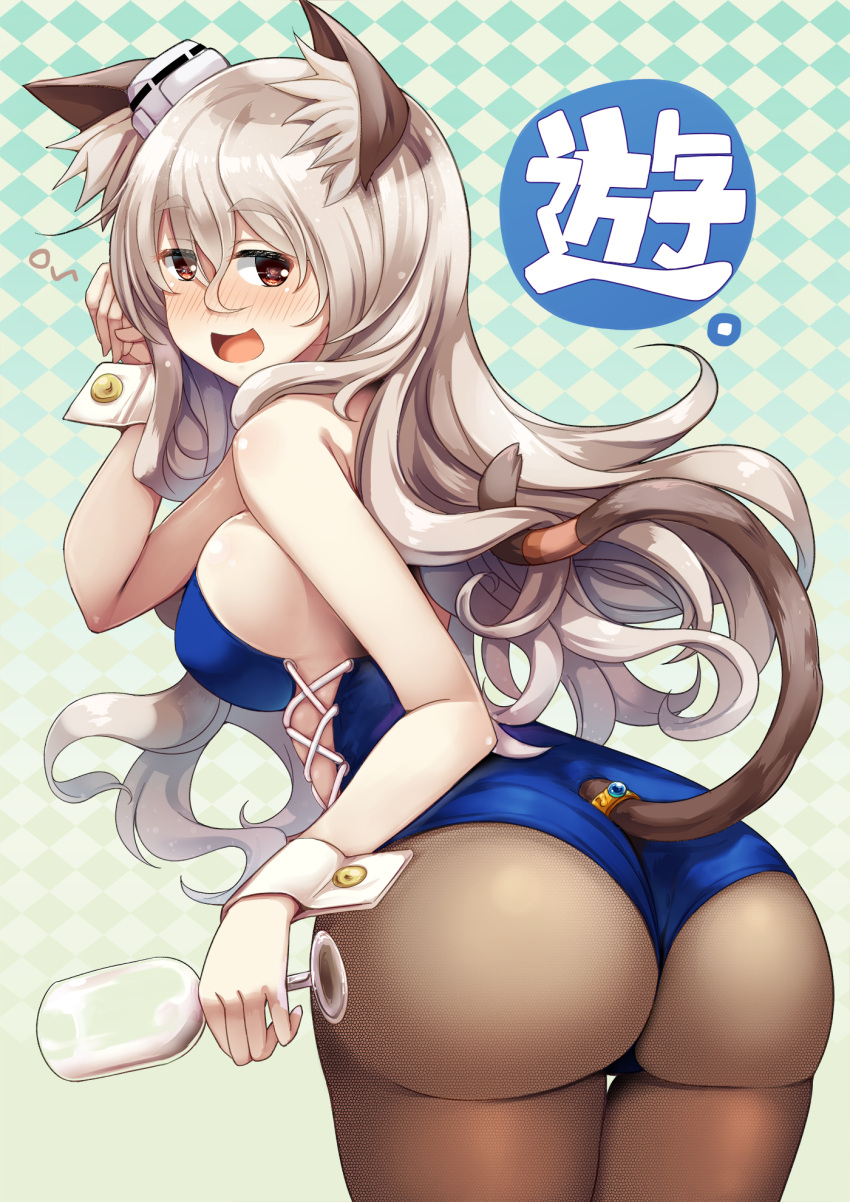 1girl alternate_costume animal_ears ass bangs bare_shoulders black_legwear blue_leotard blush breasts brown_eyes bunnysuit cat_ears cat_tail checkered checkered_background cowboy_shot cup drinking_glass eyebrows_visible_through_hair from_behind hair_between_eyes hand_up hat highres holding_glass kantai_collection large_breasts leotard long_hair looking_at_viewer looking_back mini_hat nose_blush open_mouth pantyhose paw_pose pola_(kantai_collection) silver_hair smile solo sorano_(12gou) tail thighs wavy_hair wine_glass wrist_cuffs