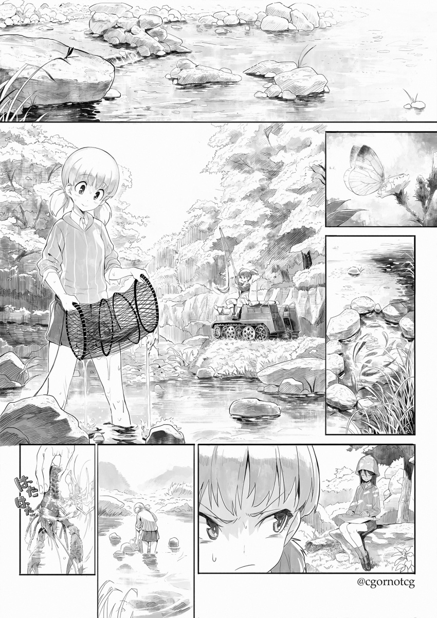 3girls aki_(girls_und_panzer) angry animal comic crustacean fish fishing fishing_line fishing_rod girls_und_panzer greyscale hand_net hat highres holding holding_fishing_rod instrument kantele keizoku_school_uniform ladic long_hair mika_(girls_und_panzer) mikko_(girls_und_panzer) monochrome multiple_girls net river shirt short_hair short_twintails shrimp sitting smile standing striped striped_shirt twintails vertical-striped_shirt vertical_stripes